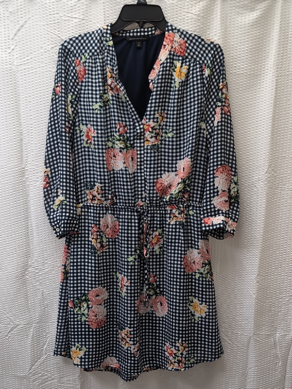 Signature Studios Navy Floral V-Neck Drawstring Dress